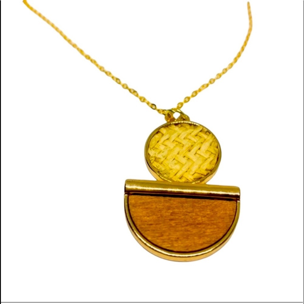 New Handmade Wood & Wicker 9k Gold & S925 Geometric Necklace
